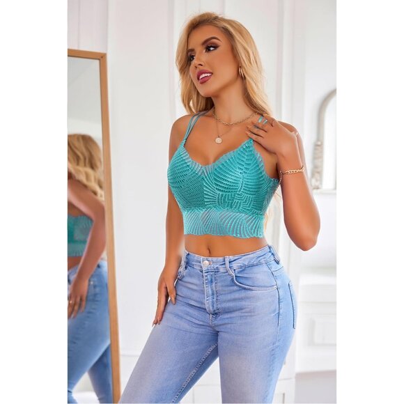 Women's Apple Green Lace Camisoles Double-layered V-neck Sexy Bralettes Crop Top - Picture 2 of 7